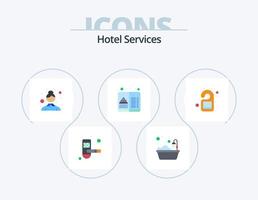 Hotelservices flach Icon Pack 5 Icon Design. Hotel. beschäftigt. Putzfrau. reisen. Speisekarte vektor
