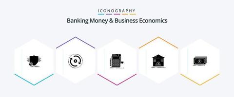 bank pengar och företag ekonomi 25 glyf ikon packa Inklusive besparingar. deposition. marknadsföra. kalkylator. bank vektor