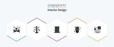 interiör design 25 glyf ikon packa Inklusive elektrisk. pott. kuggstång. växt. fönster vektor