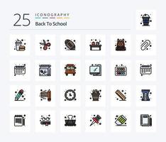 Zurück zur Schule 25 Zeilen gefülltes Icon Pack inklusive Tasche. Bildung. Student. Getränk. Kaffee vektor