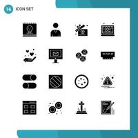 16 solides Glyph-Konzept für mobile Websites und Apps lieben Herz Geschenk Apotheke Laptop editierbare Vektordesign-Elemente vektor