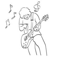 männlicher rocker mit e-gitarrenillustrationsvektorhand gezeichnet lokalisiert auf weißer hintergrundlinie kunst. vektor