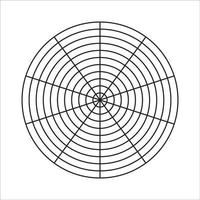 Polargitter aus 10 Segmenten und 10 konzentrischen Kreisen. Kreisdiagramm der Lebensstilbalance. Vorlage für das Rad des Lebens. Vektor leeres polares Millimeterpapier. Coaching-Tool.