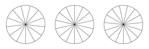 segmentierte Diagrammsammlung isoliert auf weißem Hintergrund. Viele Sektoren teilen den Kreis zu gleichen Teilen. skizzieren Sie schwarze dünne Vektorgrafiken. Reihe von Tortendiagrammen.