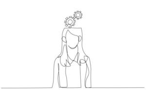 Illustration des Geschäftsfraukopfes erhält Zahnradzahnradkonzept der menschlichen Intelligenz. einzeiliger Kunststil vektor