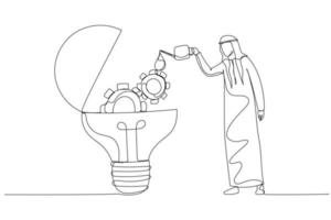zeichnung eines arabischen mannes tropfen ölschmiermittel in eine glühbirnenlampe mit mechanischen zahnrädern. einzeiliger Kunststil vektor
