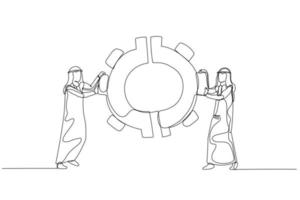 teckning av arab man med team kollegor ansluter kugghjul redskap tillsammans begrepp av integration partnerskap. ett kontinuerlig linje konst stil vektor