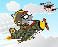 rolig noshörning bär pilot hjälm på kämpe jet på blå himmel bakgrund, luft bekämpa, vektor tecknad serie illustration