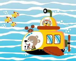 rolig katt och Björn på u-båt utforska undervattenskablar med marin djur, vektor tecknad serie illustration