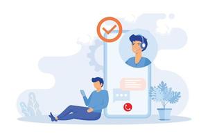 Abbildung des Kundensupports. Zeichen mit Online-Helpdesk-Plattform. Personen, die Fragen stellen und Antworten vom Helpdesk oder Callcenter-Betreiber erhalten. flache Vektor moderne Illustration