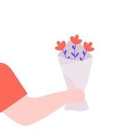 Hand, die einen Blumenstrauß hält. romantisch, freund, gruß. perfekt für themen 8. märz, valentinstag, muttertag, geburtstag, fest, feier. flache vektorillustration vektor