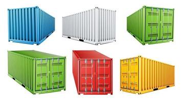gesetzter vektor des frachtcontainers 3d. blau, rot, grün, weiß, gelb. Containerkonzept für Frachtschiffe. Logistik, Transport. isoliert auf weißem hintergrund illustration
