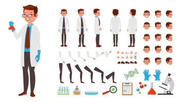 Wissenschaftler Mann Vektor. Zeichenerstellungsset für animierte Charaktere. Ganzkörperansicht, Front-, Seiten-, Rückansicht, Accessoires, Posen, Gesichtsgefühle, Frisur, Gesten. isolierte flache karikaturillustration vektor