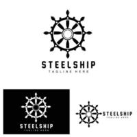 Schiffssteuerungslogo, Ozeansymbole Schiffssteuerungsvektor mit Meereswellen, Segelbootanker und Seil, Segeldesign der Firmenmarke