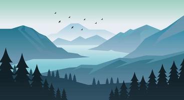 illustration der silhouette naturlandschaft mit kiefern, hügeln, bergen, fluss, himmel und vögeln vektor