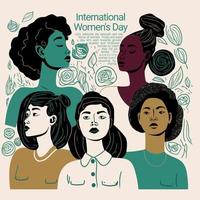 Gruppe erwachsener Frauen, die den internationalen Frauentag mit fiktiven Figuren illustrieren vektor