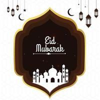 kreativ eid mubarak scen med moské, mosjid, lykta vektor