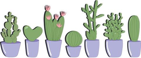 stor vektor uppsättning annorlunda typer av kaktusar i krukor. Hem växter i kastruller isolerat på vit bakgrund. runda kaktus, hjärta kaktus, kaktus med rosa blommor, skarp kaktus.