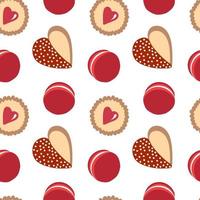 Liebesbonbons nahtloses Muster. vektorrote farbe macaron, plätzchen, süßigkeiten in roten farben. Herz Keks. vektor