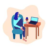 Online-Gespräch. flache vektorillustration. Frau sitzt auf einem Sessel mit einem Glas Rotwein vor dem Laptop. vektor