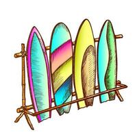 Surfbretter in unterschiedlichem Design auf Rack-Farbvektor vektor