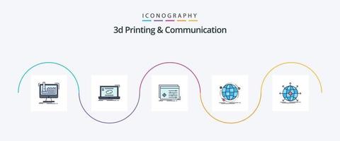 3d utskrift och kommunikation linje fylld platt 5 ikon packa Inklusive internet. data. synkronisera. programvara. bearbetning vektor