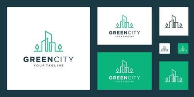 grön stad logotyp design vektor mall byggnad. minimalistisk översikt symbol för miljömässigt vänlig byggnader.