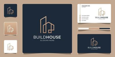 Bauen Sie ein Hauslogo mit Strichzeichnungen einfach und elegant. kreatives immobilienlogo und visitenkartenvorlage.