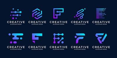 satz kreativer buchstabe f-logo-vorlage. modernes symbol für digitale technologie mit punkt, molekül und abstrakt. vektor