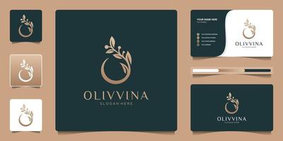 Olivenöl-Logo-Design-Vorlage mit Visitenkarte. kreativer kombinationsbuchstabe o und zweigsymbol symbol. vektor