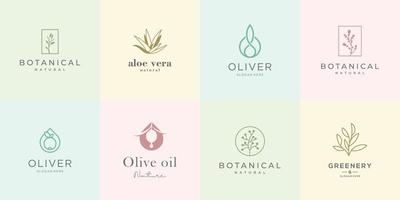 feminin design logotyp samling. elegant rosor, botanik, aloe vera, oliv olja, grönska och natur. vektor