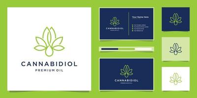 Kombinieren Sie Blatt und Tropfen mit Strichzeichnungen. Premium-CBD-Öl, Marihuana, Cannabis-Logo-Design und Visitenkarte. vektor