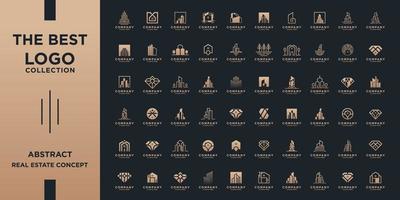 uppsättning av abstrakt verklig egendom logotyp mall. mega samling med gyllene begrepp för byggnad, arkitektur, hus, lägenhet, hotell, logotyp element. vektor