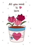 Valentinstag-Grußkarte mit Blumen in einem Topf. Vektor-Illustration vektor
