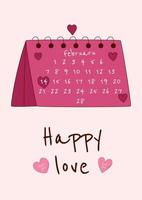 hjärtans dag hälsning kort med kalender. vektor illustration