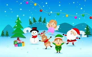 Weihnachtsszene mit Weihnachtsmann, Schneemann, Rentier, Engel und Elfe vektor