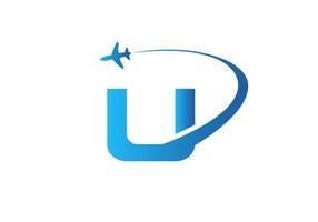 brev u resa logotyp design begrepp med flygande flygplan symbol vektor