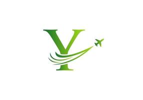 brev y resa logotyp design begrepp med flygande flygplan symbol vektor