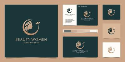 elegant kvinna hår salong guld lutning logotyp design och företag kort vektor