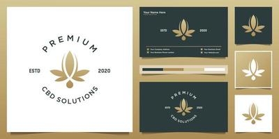 luxusblatt und tropfen mit linienkunststil. Premium-CBD-Öl, Marihuana, Cannabis-Logo-Design und Visitenkarte. vektor