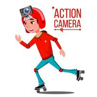 Kind Mädchen mit Action-Kamera-Vektor. Teenager. roter Helm. Schießvorgang. aktive Art der Erholung. Aufnahme von Videos. isolierte karikaturillustration vektor