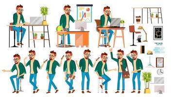 Geschäftsmann Charakter Vektor. Hipster arbeitende Menschen eingestellt. Büro, Kreativstudio. Arbeiter. volle Länge. Programmierer, Designer, Manager. Posen, Gesicht Emotionen. karikaturgeschäftscharakterillustration vektor