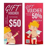 valentine s dag gåva voucher vektor. vertikal kupong. februari 14. valentine cupid och gåvor. handla annons. företag kärlek gåva röd illustration vektor