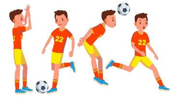 Vektor für männliche Fußballspieler. in verschiedenen Posen spielen. Sommeraktivität. passieren. Ball. Mann Sportler. isoliert auf weißer zeichentrickfigur illustration