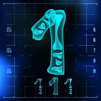 1 siffra vektor. ett röntgen röntgen font ljus tecken. medicinsk radiologi neon skanna effekt. alfabet. 3d blå ljus siffra med ben. medicinsk, sjukhus, pirat, trogen stil. illustration vektor