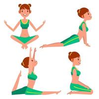 yoga kvinna poser uppsättning vektor. flicka. yoga träning. håller på med kondition, sport. platt tecknad serie illustration vektor