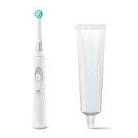 tandborste och tandkräm rör vektor. realistisk elektrisk tand borsta falsk upp för branding design. isolerat på vit illustration. vektor