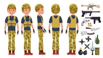 soldat man uppsättning vektor. poserar. armén person. kamouflage enhetlig. skytt. hälsar. tecknad serie militär karaktär illustration vektor