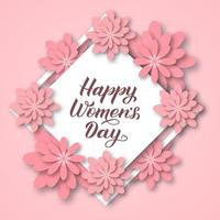 Happy Womens Day Kalligrafie-Schriftzug mit rosafarbenen Origami-Blumen. Vektor-Illustration im Papierschnitt-Stil. Einladungen zum internationalen Frauentag, Grußkarten, Poster, Banner usw. vektor