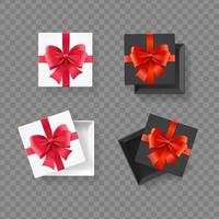 realistische, detaillierte 3d-schwarz-weiß-geschenkbox mit rotem schleifenset. Vektor